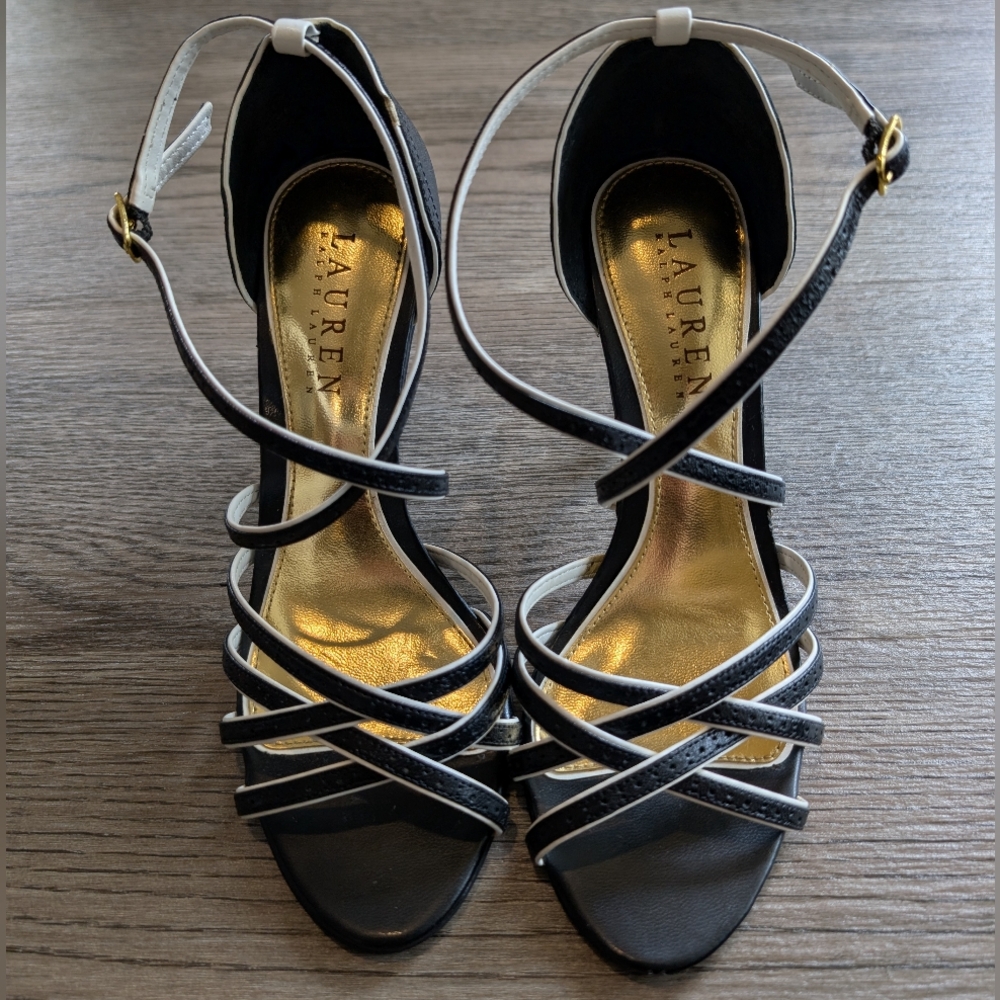 Lauren By Ralph Lauren Basketweave Leather Strappy Stiletto Sandals